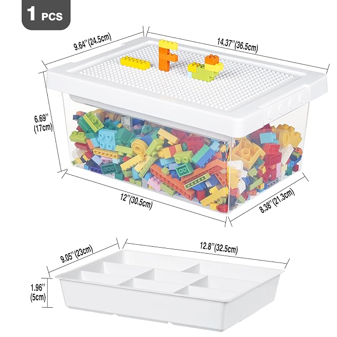 Plastic Storage Bins with Lids - 1 Set Stackable Arts Crafts Organizer Box with Removable Divided Tray &Compatible Building Baseplate,Toy Chest Containers for Bricks -White(14.37"x9.64"x6.69")