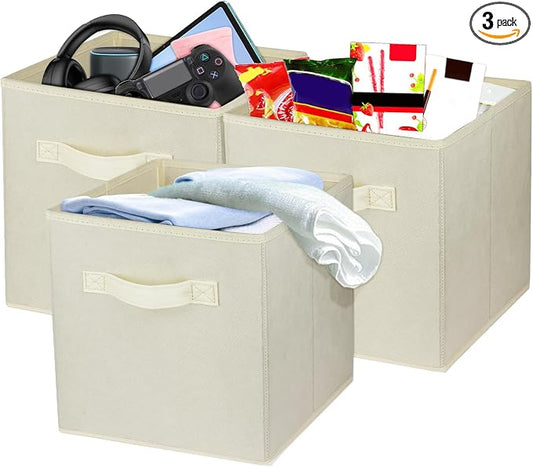3 Pcs Storage Cubes, 10.5 Inch Collapsible Storage Bins, Fabric Foldable Bins for Organization, Durable Storage Bins for Closet, Shelves, Offices (Beige)