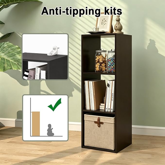 CTESNE【2026 Shelf with 3 Compartments with Tilt Protection + Reversible Shelf with Open Back, Multi-Layer and Multi-Grid Layout (Chocolate 11 inches)