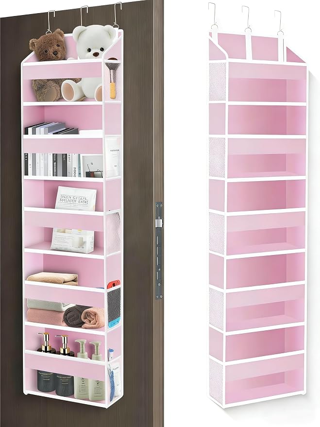 Over The Door Organizer Closet,5 Bins 10 Side Pockets,Hanging Door Organizer,Anti Tilt 44 lbs Load Organizers and Storage with Clear Window for Bedroom,Nursery,Rv,Bathroom,Camper(Pink)
