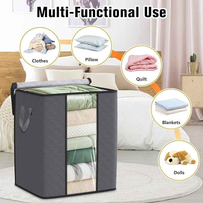 SpaceTrove Clothes Storage Bags, 10-Pack Comforter Blanket Organizers, 80L Large Capacity Containers with Visual Window for Clothing, Quilt, Sheet, Pillow, Closet Organization for Bedding (Grey)