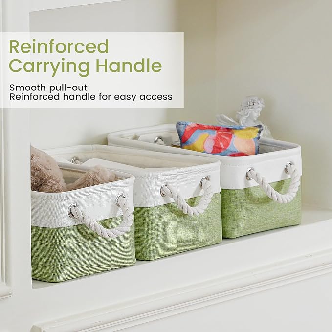 Storage Baskets for Shelves 11.8x7.9x5.2 Inch, Foldable Fabric Storage Bins with Handles, Small Storage Baskets for Organizing Closet, Office, Home Organization (3-Pack, White&Green)
