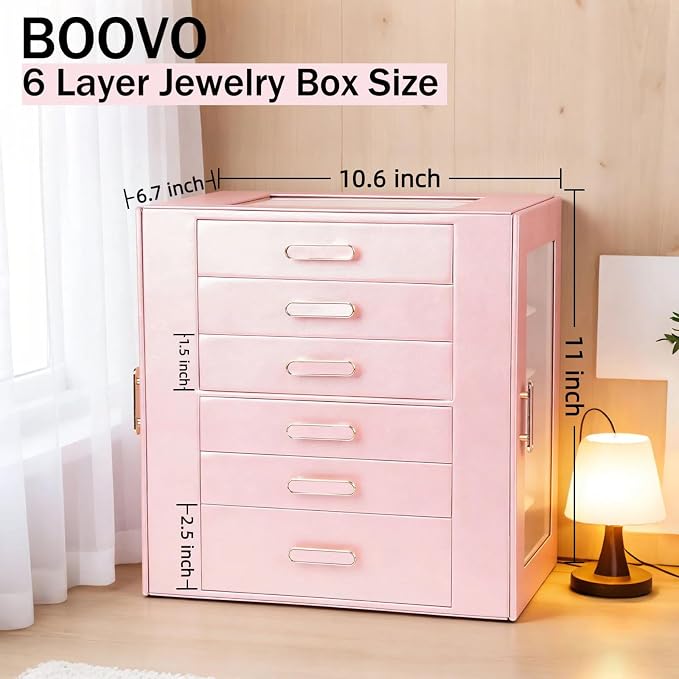 BOOVO Clear Lid Jewelry Box,6 Layers Jewelry Organizer Large Jewelry Storage Box with 6 Drawers,Jewelry Holder Organzier of Rings Earrings Necklace Bracelets for Women (Rose Gold, 6 Layer)