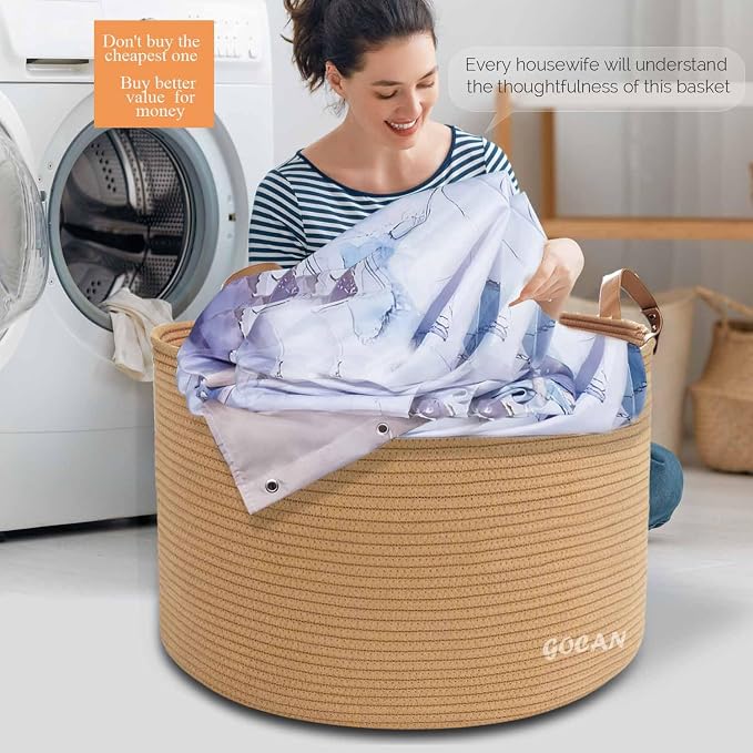GOCAN Extra Large Storage Laundry Basket 22" X 22"X 14" Cotton Rope Woven Basket for Blanket Basket with Handles for Living Room Toys Storage XXXL (Pure Jute)