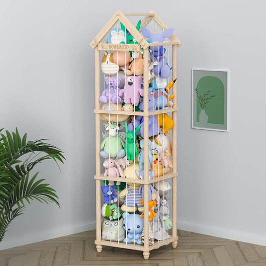 Stuffed Animal Storage Zoo, 65" Extra Large Wooden Plush Toy Organizer, Solid Pine Toy Holder with 3D Sign & Sturdy Base, Vertical Corner Stuffed Animal Cage for Nursery Playroom