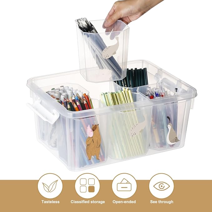 17QT Plastic Storage Bins with Lids - 1 Pack Art Craft Supply Organizer Box with Brush Pot for Kids, Stackable Clear Pen Container for Toy/Sewing/Comestic/Tool/Playdoh (1 Pack)