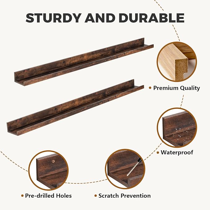 Muzilife 55" Large Floating Shelves Wood Wall Shelf with Lip, 2Pcs, Brown | FSC-Certified Wood | 20 lbs Capacity | Space-Saving | Hanging Shelf | Wall Decor| Bedroom,Living Room,Bathroom,Kitchen,Office