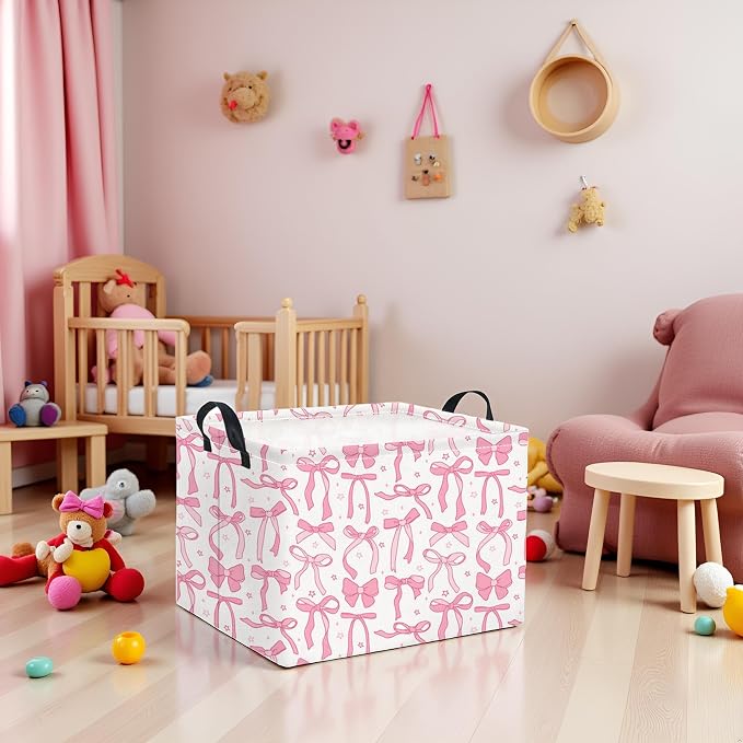 Rectangular Kids Storage Basket for Home Kitchen Girls Cute Storage Bin Organizer Shelf Book Room Decor(Pink Bowknot)