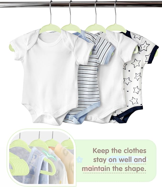 VIS'V Velvet Baby Hangers with 6 Pcs Dividers, 11 Inch, Lime Green, 50 Pcs | Compact Size, Non Slip, Infant Toddler Nursery Closet Organization