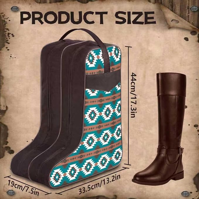 Cowgirl Boot Bag with Southwestern Aztec Pattern, Fits Boots Up to 17 Inches, Dual-Zipper Storage for Cowboy Boots, Ideal for Rodeo, Equestrian, and Travel