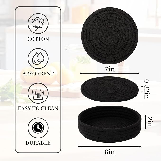 Trivets for Hot Dishes, Pots and Pans, Heat Resistant Hot Pads with Storage Basket, Pot Holders for Kitchen Countertop, Trivet Mats Home Essentials Farmhouse Decor (Black 5 Pcs)