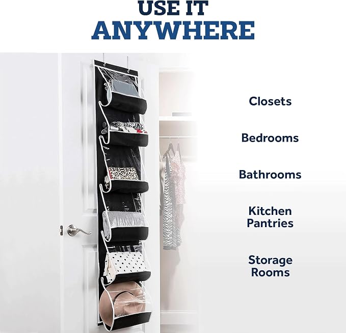 ZOBER Purse Organizer For Closet - Over The Door Purse Organizer W/ 6 Pockets for Easy Purse Storage - Durable Metal Hooks - Purse Rack W/Clear Pockets - Black (1 Pack)
