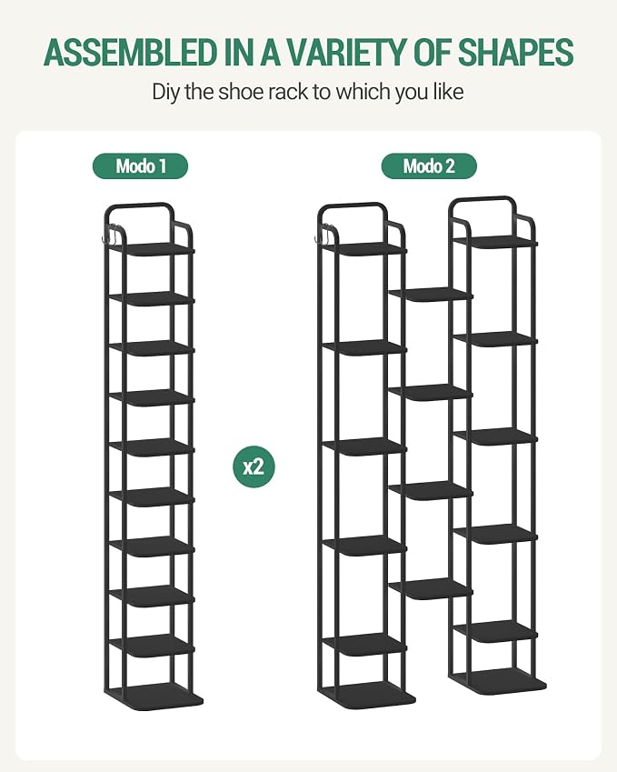 Hzuaneri Vertical Shoe Rack, Shoe Shelves, Wood Shoe Organizer for Closet, Entryway, Shoe Tower for Small Spaces, Free Standing, Adjustable, with 2 Hooks, 10 Tier Black SR11204B