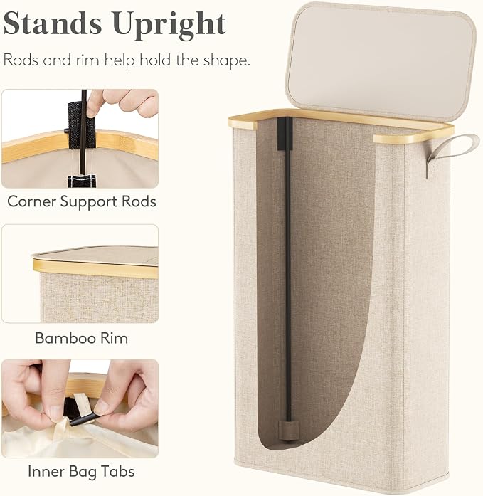 Lifewit 65L Slim Laundry Hamper with Lid, Narrow Laundry Basket with Removable Bag & Bamboo Handles, Fodable Thin Dirty Clothes Hamper for Laundry Collapsible Bin for Bathroom Bedroom Dorm, Beige