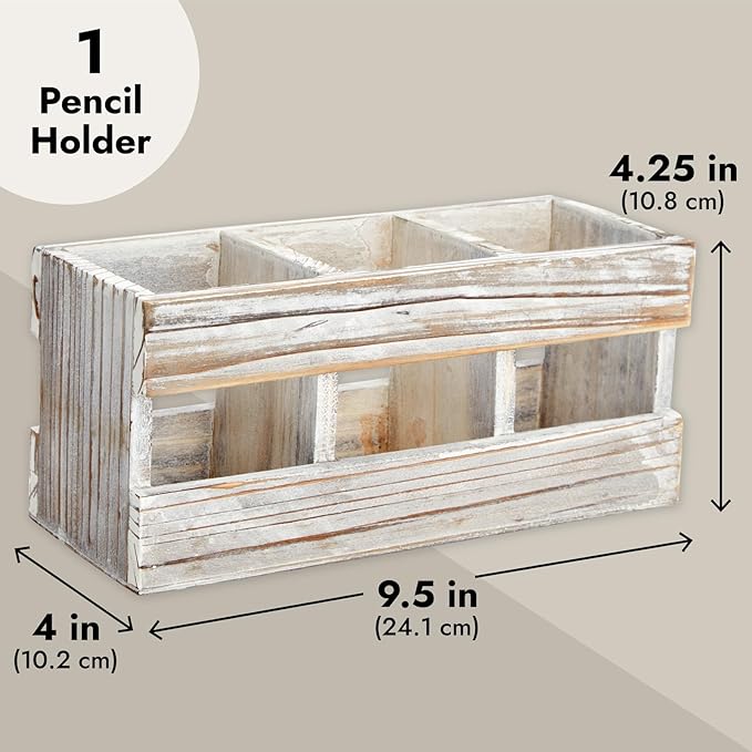 Juvale Farmhouse Decor 3-Compartment Pencil Holder & Desk Organizer - 9.5 x 4.25 x 4 in - Cedarwood Rustic Finish - Rustic Pen Organizer for Office & Classroom