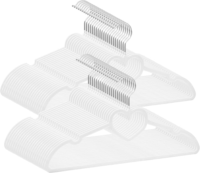 Velvet Hangers 50 Pack,16 Inch Non Slip Adult Heart Hanger (White) | 360° Swivel Hooks, Cascade Design, Space Saving
