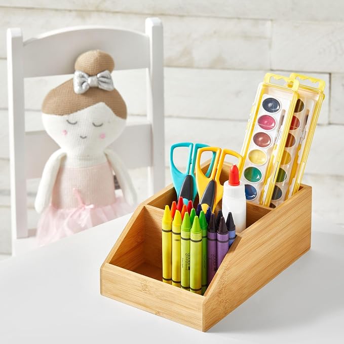 mDesign Bamboo Wood Compact Bathroom Storage Organizer Bin Box - 3 Divided Sections - Cabinets, Shelves, Countertops, Bedroom, Kitchen, Laundry Room, Closet, Garage - Natural/Tan