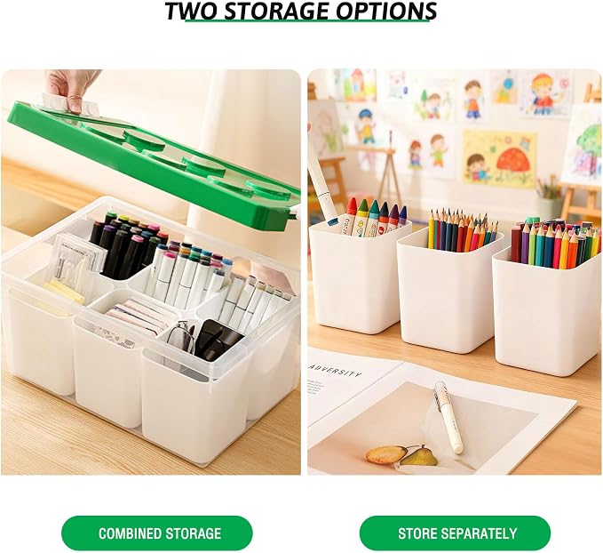 Plastic Storage Bins with Lids, Art Craft Supply Organizer Box with Brush Pot, Multipurpose Stackable Storage Containers for Organizing Tool, Craft, Crayon,Sewing (Green)