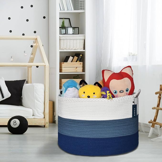 COMSE Extra Large Blanket Basket, Woven Laundry Basket, 21.7”x 13.8”, Nursery Hamper, Cotton Rope Laundry Hamper Living Room for Storage Toys Clothes Towels (White & Cadet Blue & Navy Blue)