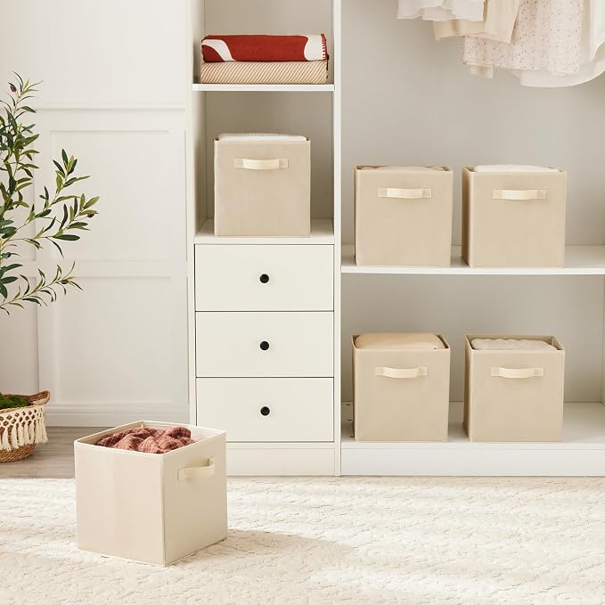 MAX Houser Fabric Cloth Storage Bins,Foldable Storage Cubes Organizer Baskets with Dual Handles for Home Bedroom Storage,Set of 6(Beige)