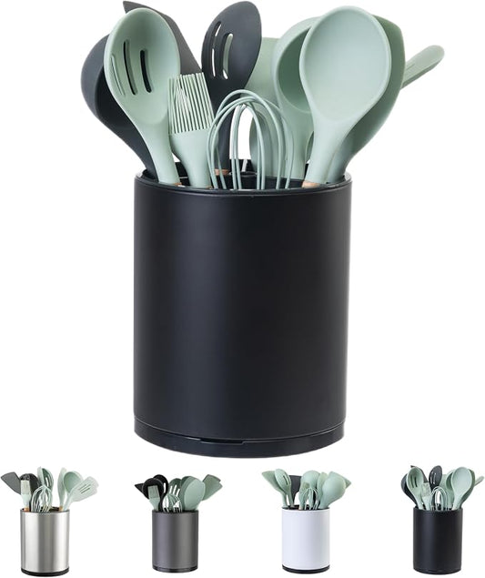 LIBODOUR Kitchen Utensil Holder Extra Large 360°Rotating For Counter Organizer Stainless Steel Storage Cooking Silverware Caddy 3 Compartment Flatware Spoon Spatula Tool Cutlery Container（Black）