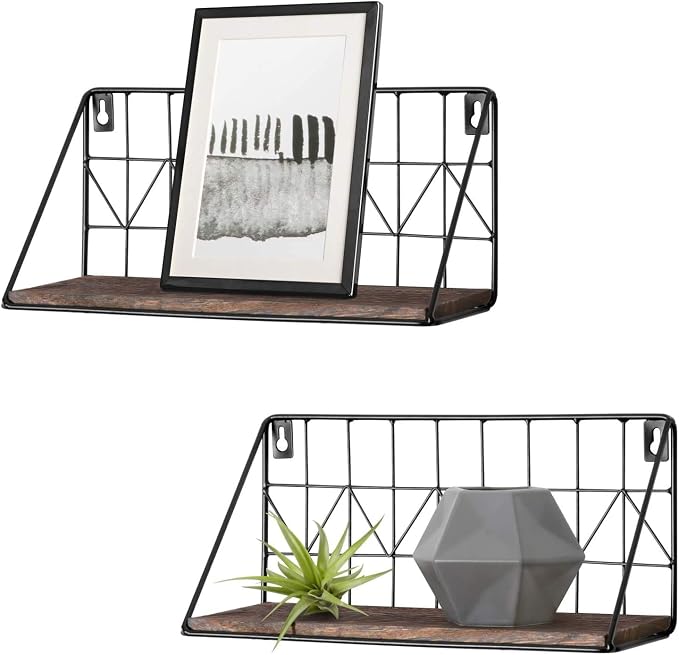 Mkono Floating Shelves Wall Mounted Set of 2 Rustic Wood Storage Display Shelf with Metal Wire Basket 11.4 Inches, Hanging Shelf for Bedroom Bathroom Living Room Kitchen Office, Brown,Small