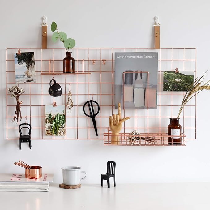 Rose Gold Grid Basket with Hooks,Bookshelf,Display Shelf for Wall Grid Panel,Wall Mount Organizer and Storage Shelf Rack for Home Supplies,1 Set of 3 (Rose Gold)