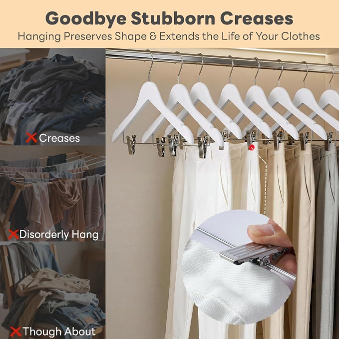 HOUSE DAY Wooden Hangers with Clips 24 Pack, Heavy Duty White Wood Pants Hanger, Premium Skirt Hanger with Adjustable Clips, Solid Clip Hangers for Suit, Blouse, Dress, Coat, Jacket, Bottom