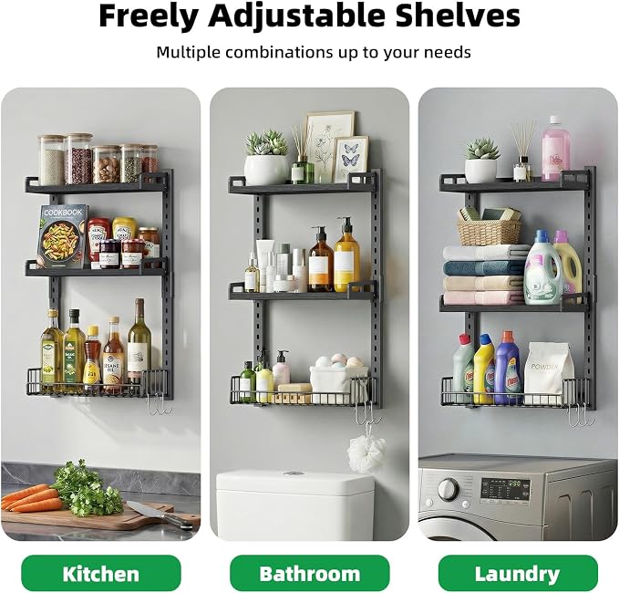 Kalrin 3 Tier Bathroom Shelves Over Toilet - Wall Mounted Floating Shelves with Drain Basket, Toilet Paper Storage, Height Adjustable Over The Toilet Storage, Pure Black