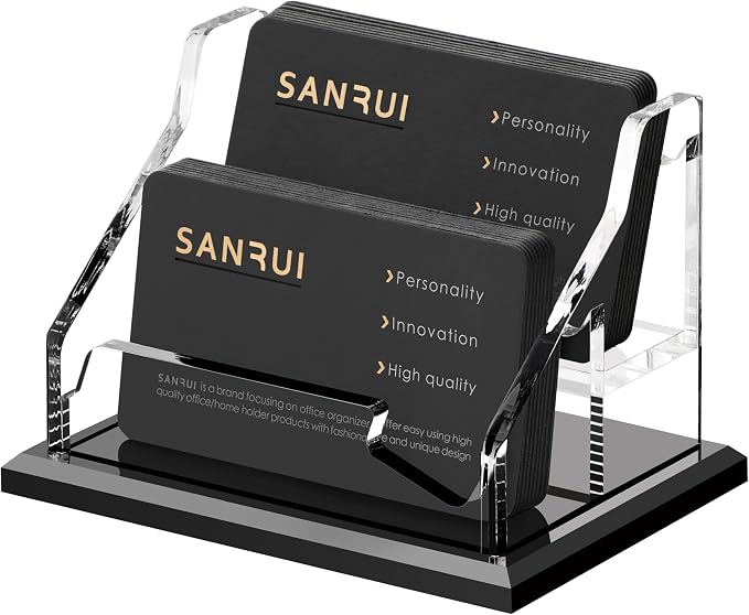SANRUI Black Business Card Holder for Desk 2 Slot , Clear Acrylic Horizontal Name Card Stand for Women and Men, Desktop Organizer Display for Office Home Exhibition - 120 Card Capacity 1 Pack