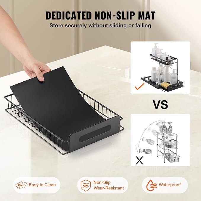 VEVOR 2 Tier Pull Out Cabinet Organizer(10.7"W x 14.2"D), Under Sink Organizer and Storage, Slide Out Drawer Cabinet Organizer, Wire Basket Sliding Storage, 12.5"Wx15.5"Dx13"H Install Size for Cabinet | Kitchen Slide Out Drawer Wire Basket Sliding Stor...