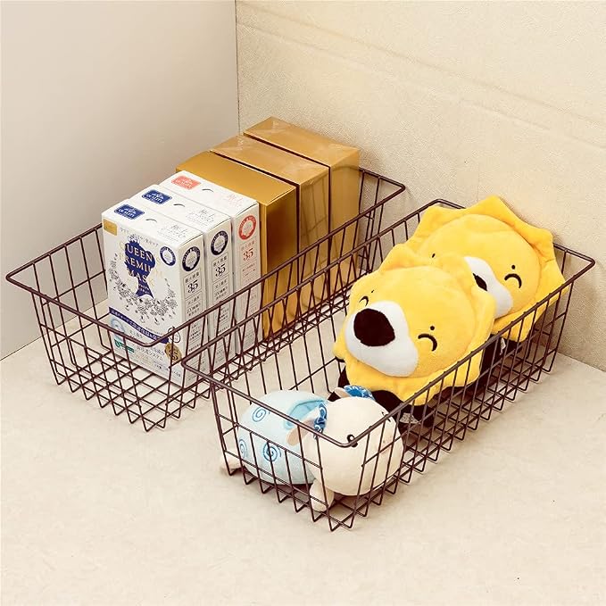 SANNO Freezer Baskets, Wire Storage Baskets Bin Organizer Food,Kitchen, Basket Organizers Bins for Home, Bathroom, Closet Organization, White,Set of 4 Brown