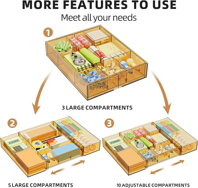 Marbrasse Expandable Desk Drawer Organizer, Clear Plastic Drawer Organizer Tray with 10 Adjustable Compartments, Desk Organizers and Accessories, 5 Drawer Dividers for Office Supplies(Clear Champagne)