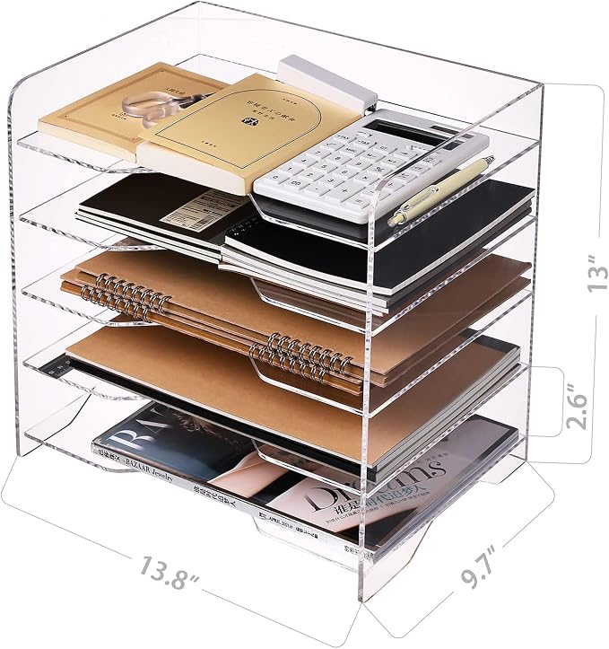 HeZone Acrylic Paper Letter Tray Organizer, 5 Tiers, Transparent, Modern, Rectangular, Stackable, Office