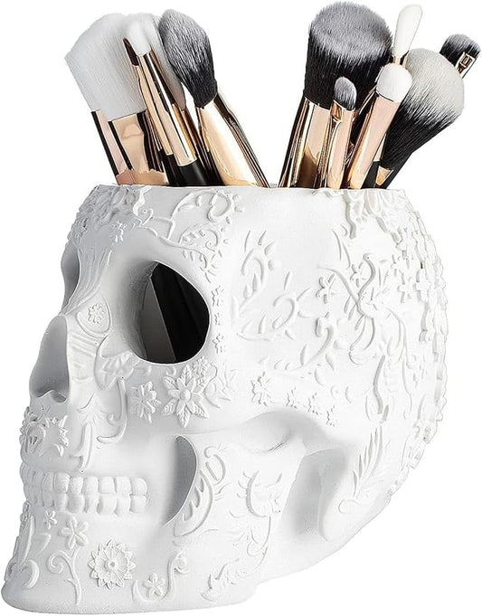 Skull Makeup Brush, Candy Bowl & Pen Holder, Bowl, Spooky Goth Decorations, Extra Large, Strong Resin, Skeleton Skulls and Bones Organizer Bathroom Trick Or Treat Decor by Gute (White)