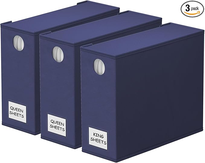 SpaceAid 3 Pack Bed Sheet Organizers and Storage, Foldable Sheet Organizer for Linen Closet, Sheets Set Folder Keeper with Window XL (Queen & King Size) Bedding Container (Navy Blue, 3 Pack)