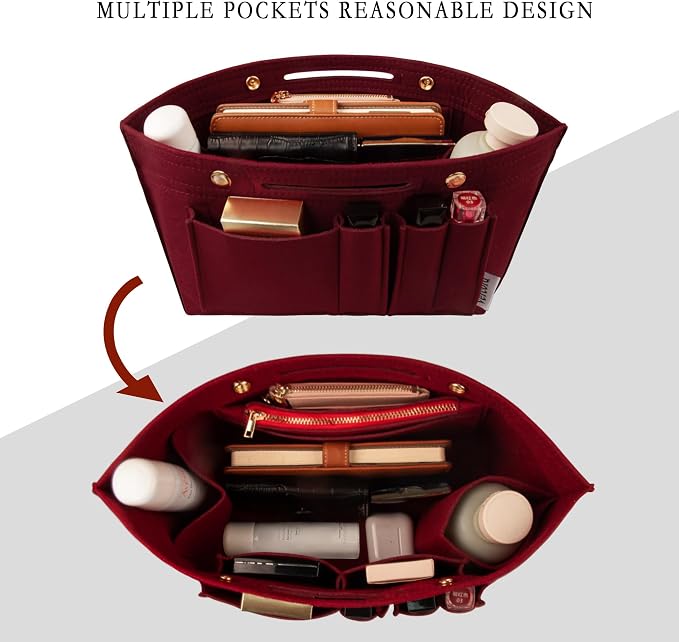 Vercord Purse Organizer Insert for Long champ Felt Organizer Insert with Zipper Handbag Insert Tote Shaper Storage Bag Burgundy L