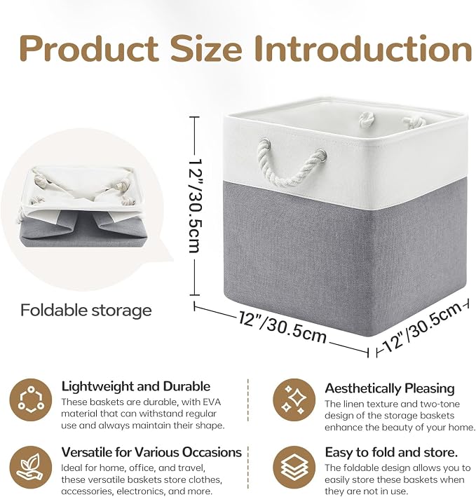 12 x 12 Inch Cube Storage Bins, 4 Pack Fabric Storage Basket with Handles, Foldable Boxes Organizer for Shelf Baskets for Home, Clothes (White/Grey)