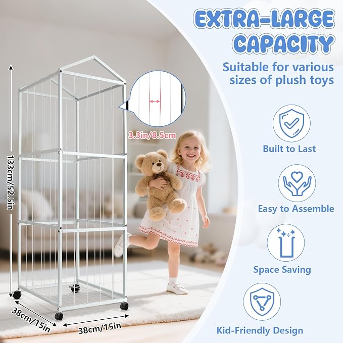 NomNest Stuffed Animal Storage Zoo – Large Metal Plushie Organizer Holds 50+ Toys, Heavy Duty Teddy Bear Toy Holder with Wheels for Bedroom, Playroom, Nursery (White)