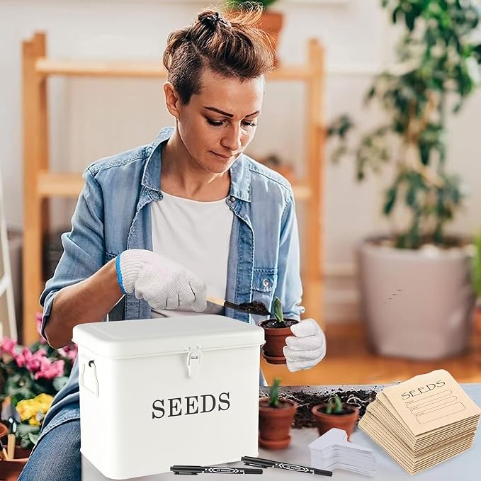 Seed Storage Organizer, T-Shape Compartment Seed Box with Safety Lock, Metal Seed Saving Box, Portable Seed Bin Container with Handle, Including 2 Pens 20 Plant Labels 50 Seed Envelopes-White