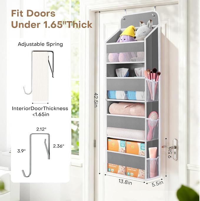 SpaceWhisper Over the Door Organizer, 4 Large Pocket Hanging Storage Organizer with 40lb Capacity, Space Saving for Nursery, Bathroom, Bedroom, Closet - Baby Essentials & Toiletry Organizer (Grey)