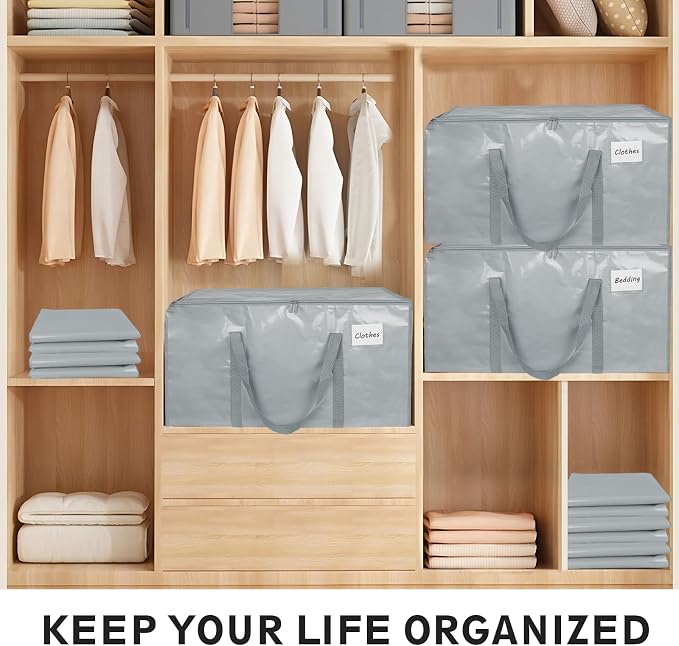 16 Pack-Extra Large Heavy Duty Moving Bags - Waterproof Storage Totes with Handles & Zippers, Foldable for College Dorm, Storage (light gray)