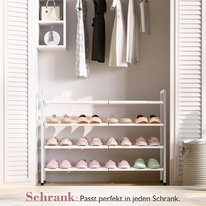 Bumusty 4-Tier Expandable Shoe Rack for Closet, 18“-33” Adjustable Shoe Rack for Small Space, Small Shoe Organizer for Front Door, Sturdy Metal, White
