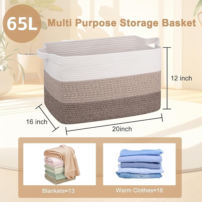 OIAHOMY Large Blanket Basket, 65L Cotton Rope Woven Laundry Basket, Toy Bin for Baby Room, Container for Blanket Storage in Living Room, 20''×16''×12'', Gradient Brown