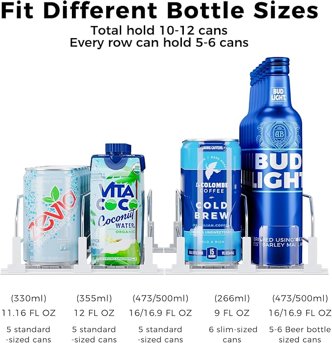 Puricon Drink Organizer for Fridge Pusher Glide, Spring Loaded Fridge Drink Dispenser, Self Pushing Soda Can Organizer for Refrigerator, Beer Bottle Beverage Organizer Drink Holder -2 Rows, White