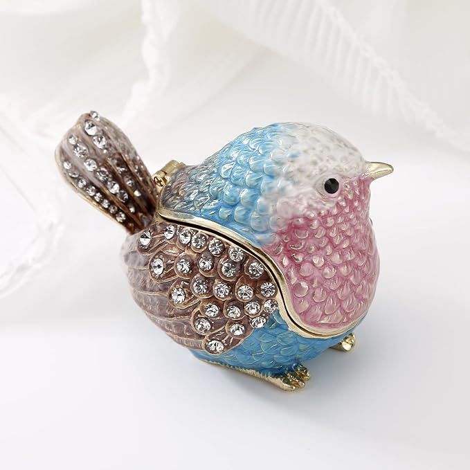 Hand Painted Enamel Robin Bird Trinket Box for Home Decor, Hinged Jewelry Organizer for Ring Earrings, Unique Figurine Keepsake Collectible Personalized Elegant Handmade Ornament Gifts (Blue Sparrow)