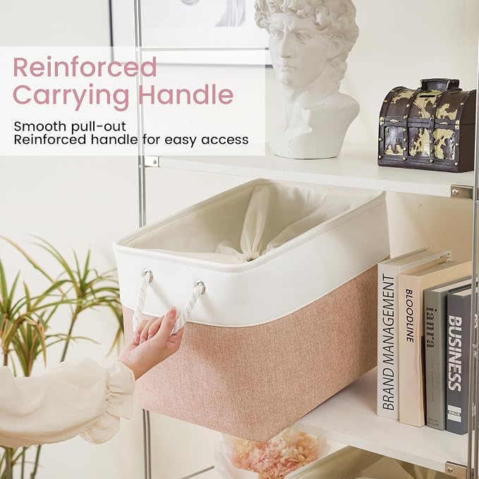 Large Storage Baskets- 16x12x12 inch Storage Bins for Shelves and Closet Organizing, Foldable Fabric Bin for Home Organization Clothes and Laundry (1-Pack, White&Pink)