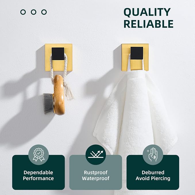 Angle Simple Towel Hook Black & Gold 2 Pack, 304 Stainless Steel Coat Hook, Robe Hook Bathroom