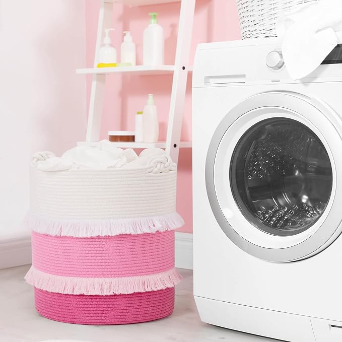 CherryNow Extra Large Woven Storage Baskets – 16'' x 17'' Cotton Rope Decorative Pink Hamper for Nursery, Toys, Blankets, and Laundry, Cute Tassel Nursery Décor for Baby & Girl