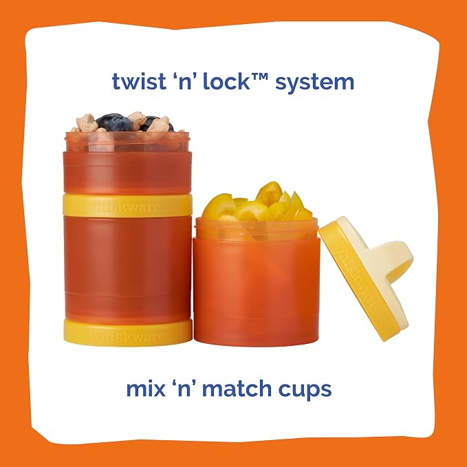 Whiskware Stackable Snack Containers for Kids and Toddlers, 3 Stackable Snack Cups for School and Travel, Tan/Yellow/Orange